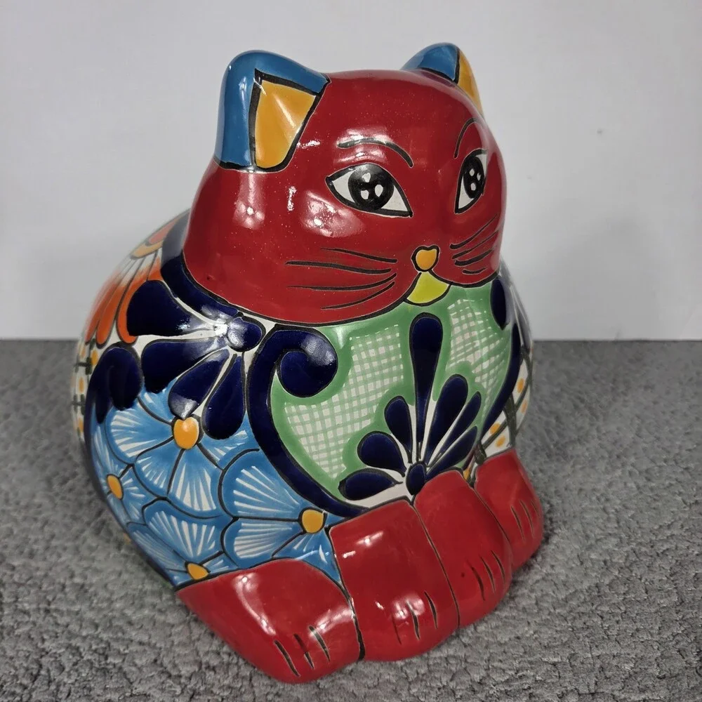 Talavera Cat PlanterMexican Pottery Art Hand Painted Pot 8.5